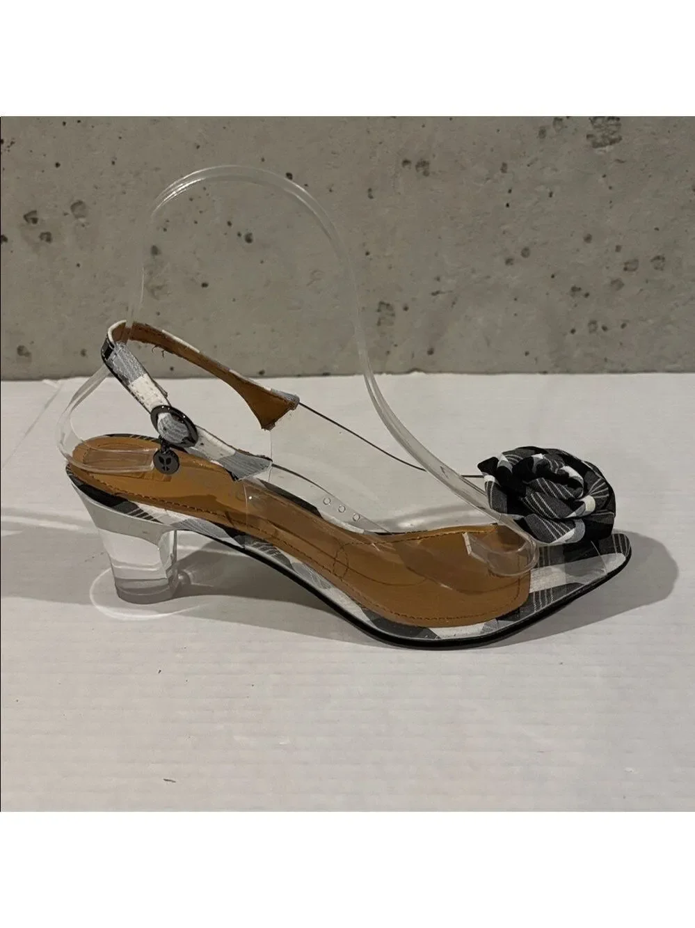 J.Renee Black & White Checkered and Lucite Dailona Heels w/ Floral Bow - Sz 7